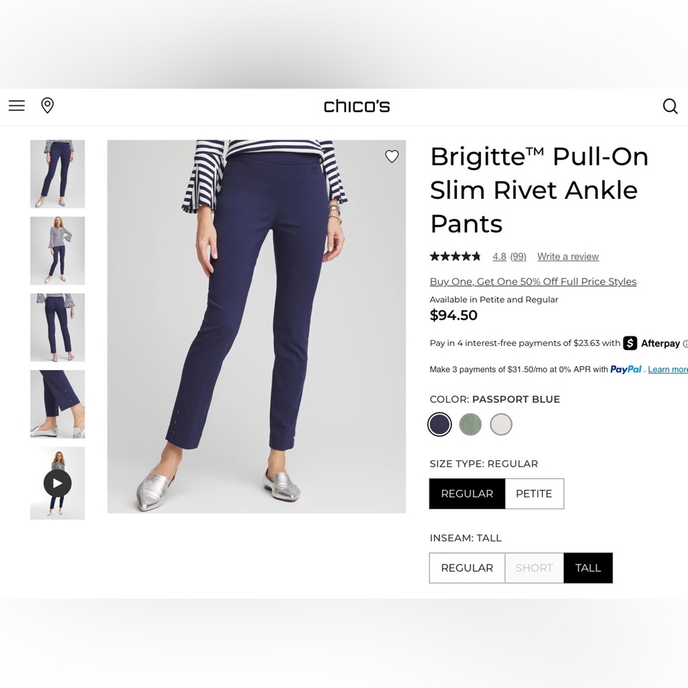 Chico's Passport Blue Slim Ankle Pants So Slimming Brigitte slim leg 8T